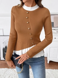 Slim fit brown knit sweater with layered white collar, pleated hem and gold button accents