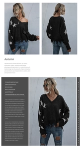 Detailed views of V-neck knit sweater with white star patterns and tassel hem details