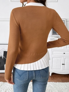 Women's brown slim knit sweater with white pleated hem and elegant collared design