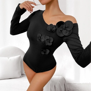 Women's black one-shoulder bodysuit with 3D floral details and long sleeves for parties
