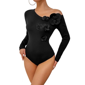Sleek black one-shoulder bodysuit featuring 3D floral accents and elegant long sleeves