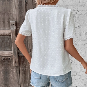 Women's summer white Swiss dot short sleeve top with delicate lace trim and v-neck