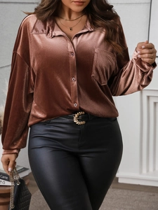 Chemise en velours bronze à manches longues avec revers et éclat métallique