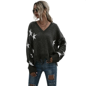 Women V-neck grey knit sweater with white star patterns and distressed fringe hem and cuffs