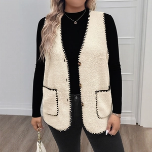 Gilet in Pile Sherpa da Donna Scollo a V Punto Sopraggitto a Contrasto Bottoni Cardigan Senza Maniche Gilet Casual Caldo