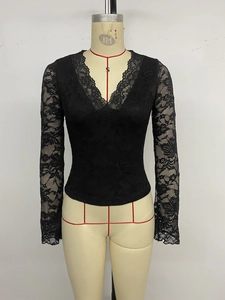 Detail of V-neckline featuring delicate eyelash lace trim on a long-sleeve black top