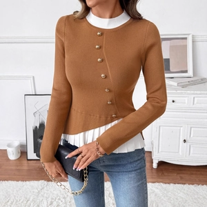 Caramel ribbed knit sweater with faux two-piece pleated hem and gold buttons