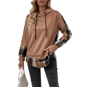 Sweat à capuche marron pour femme avec manches et ourlet à carreaux style britannique
