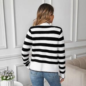 Back view of black and white striped long-sleeve knitted cardigan for women