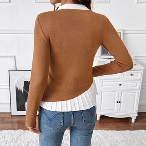 Elegant women's caramel knit sweater with white layered hem and back-view fit