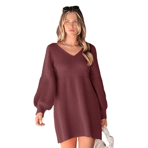 Women's V-neck puff sleeve knit mini dress in deep wine red color with rib textures