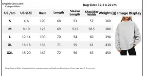 Detailed size guide table for women's long sleeve high collar sweatshirt with US sizing info