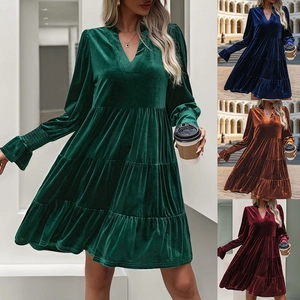 Women Elegant Velvet Tiered Mini Dress V Neck Long Sleeve Smocked Cuffs Solid Color Autumn Winter Casual Party Dress