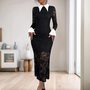 Robe Longue en Dentelle Noire Élégante pour Femme Col Blanc Contrasté Manches Cloche Coupe Slim Gothique Rétro Maxi