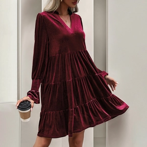 Elegant burgundy velvet V-neck tiered dress with long sleeves and ruffled cuffs