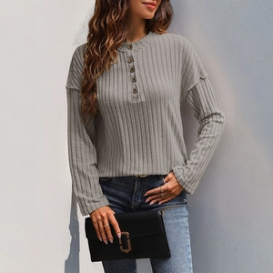 Damen Langarm Henley-Ausschnitt Geripptes Strick T-Shirt Einfarbig Knopfdetail Lässiges Lockeres Basic Tee Herbst Top