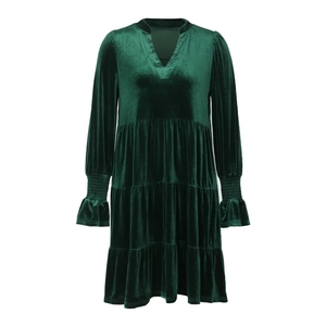 Elegant dark green velvet long sleeve V-neck tiered mini dress with ruffled cuffs