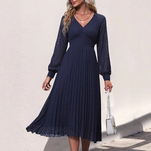 Elegant V-Neck Long Sleeve Pleated Midi Dress For Women High Waist Solid Color Polyester Autumn Fashion Commute Dress