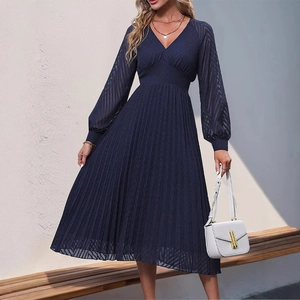 Elegant navy blue V-neck maxi dress with pleated skirt and sheer striped sleeves