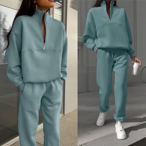 Morandi blue women's two-piece tracksuit set with half-zip sweatshirt and joggers