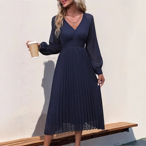 Elegant navy blue V-neck long-sleeve pleated midi dress with high waist and lantern sleeves