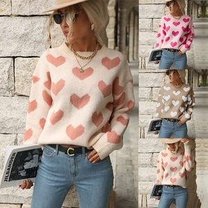 Cozy crew neck long sleeve knit sweater with heart patterns for women in autumn