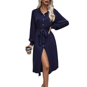 Elegant navy blue V-neck long sleeve maxi dress with button-down design and waist tie