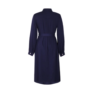 Rear view of a navy blue long-sleeved midi shirt dress with an adjustable waist tie