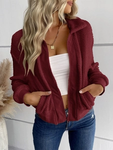 Détail de la veste polaire teddy bordeaux avec fermeture éclair, col montant et texture chaude