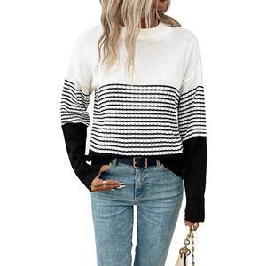 Women's long sleeve color block striped knit sweater with round neck for autumn and winter