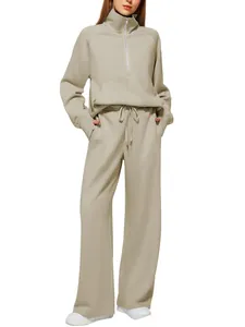 Women's stylish khaki two-piece tracksuit with half-zip hoodie and wide-leg jogger pants