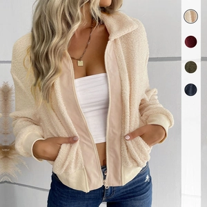 Veste zippée en polaire pour femme couleur abricot avec poignets côtelés et coloris