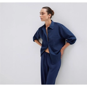 Navy blue casual two-piece shirt and drawstring trousers set with a relaxed fit
