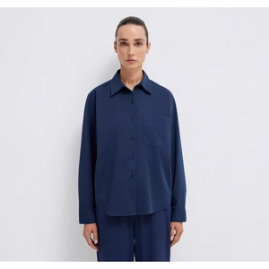 Women's navy blue casual shirt set with long sleeves and front pocket in premium fabric