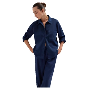 Women's casual navy blue long sleeve shirt and matching pants two-piece cotton lounge set