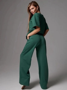 Women's dark green loose 2-piece set featuring short sleeve top and wide-leg pants