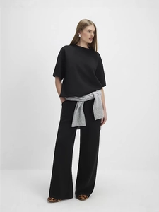 Women Casual Top And Bottom Round Neck Short Sleeve Solid Color Loose Wide Leg Pants Polyester Tracksuit Sportswear Outfit