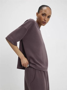 Deep purple two-piece casual lounge set with short sleeve t-shirt and matching shorts