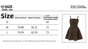 Size chart for women's brown mini dress showing bust, waist, and length measurements