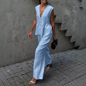 Women's light blue cotton v-neck sleeveless top and wide-leg trousers two-piece set