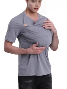 Camiseta gris de manga corta para hombre con bolsillo portabebés integrado y cuello en V