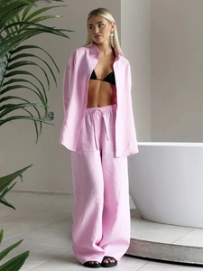 Women's light pink cotton linen long sleeve shirt and wide leg pants two-piece set