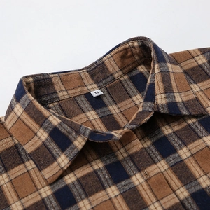 Detail shot of a plaid shirt collar with soft texture and a clear size M tag label