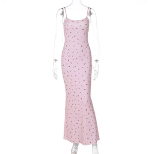 Pink slim-fit floral maxi dress with red cherry print and delicate spaghetti straps