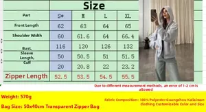 Detailed size chart with measurements for the solid color hooded zip-up casual sweatshirt