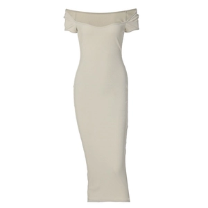 Abito lungo bodycon beige a coste con spalle scoperte e maniche corte stile estivo