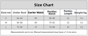 Detailed size chart for lace lingerie set including bust and waist measurements in CM