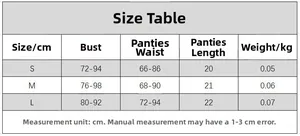 Detailed size chart for floral lingerie set showing bust and waist measurements in cm