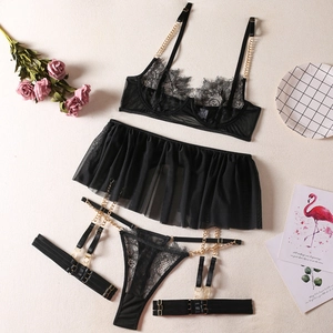Sexy black lace lingerie set with underwire bra, mesh skirt, and metal chain garter