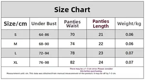 Detailed size chart for floral embroidery lingerie set showing measurements in cm from S to XL